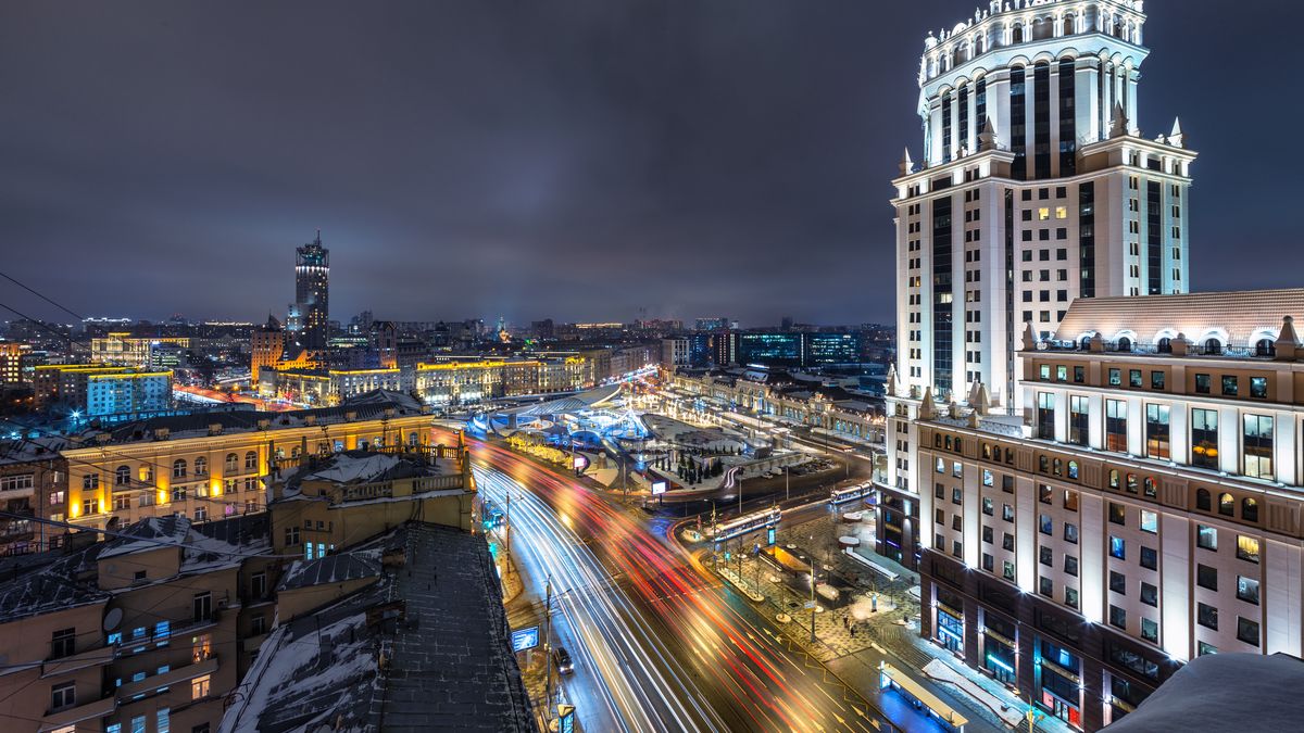 Aerial View Of Night Skyline Of MoscowAerial view of Paveletsky Square and railway terminal after reconstruction, Garden Ring highway (Sadovoye Ring) and illuminated residential building at nightSergey Alimov