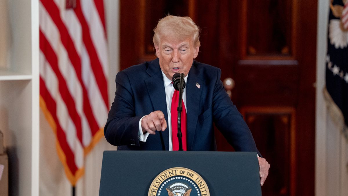 US President Donald Trump speaks in the Cross Hall of the White House in Washington, DC, US, on Wednesday, April 30, 2025. Trump is hosting CEOs and industry leaders who have committed to investing in the US at the "Invest in America" event. Photographer: Ken Cedeno/UPI/Bloomberg via Getty Images