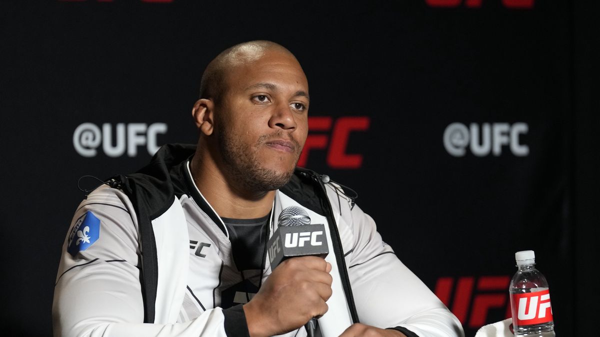 LAS VEGAS, NV - JANUARY 14: Cyril Gane meets with the press following Vegas 67 at UFC Apex for UFC Fight Night - Vegas 67 - Strickland vs Imavov - Event on January 14, 2023 in Las Vegas, NV, United States. (Photo by Louis Grasse/PxImages/Icon Sportswire via Getty Images)