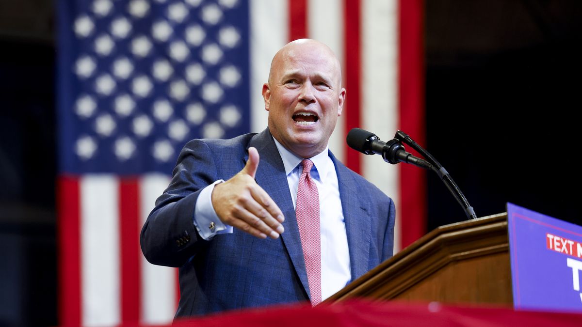 BOZEMAN, MONTANA - AUGUST 9: Former U.S. Attorney General Matthew Whitaker speaks during a rally for Republican presidential nominee, former U.S. President Donald Trump at the Brick Breeden Fieldhouse at Montana State University on August 9, 2024 in Bozeman, Montana. (Photo by Michael Ciaglo/Getty Images)