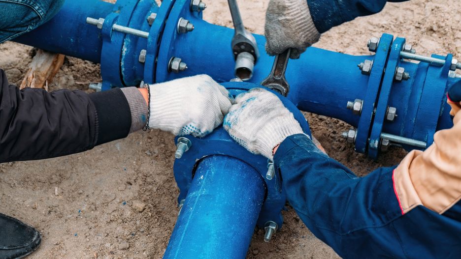 Workers installing water supply pipeline system, close upWorkers installing water supply pipeline system, close up.pipeline, installation, worker, plumber, water, supply, repair, flange, bolt, screw, sleeve, site, gas, equipment, work, construction, industry, pipe, engineering, tool, nut, wrench, tie, engineer, trench, piping, heating, tube, connection, metal, pump, iron, plumbing, closeup, pipeline installation, pipe joint, installer, builder, water pipe, pipeline construction, excavation, laying, steel, tubular, fitting, screwdriver, assembly, fix, waterlines, labor, pipeline, installation, worker, plumber, water, supply, repair, flange, bolt, screw, sleeve, site, gas, equipment, work, construction, industry, pipe, engineering, tool, nut, wrench, tie, engineer, trench, piping, heating, tube, connection, metal, pump, iron, plumbing, closeup, pipeline installation, pipe joint, installer, builder, water pipe, pipeline construction, excavation, laying, steel, tubular, fitting, screwdriver, assembly, fix, waterlines, labor
