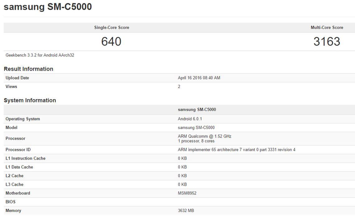Samsung SM-C5000 (Galaxy C5?) w bazie GeekBench
