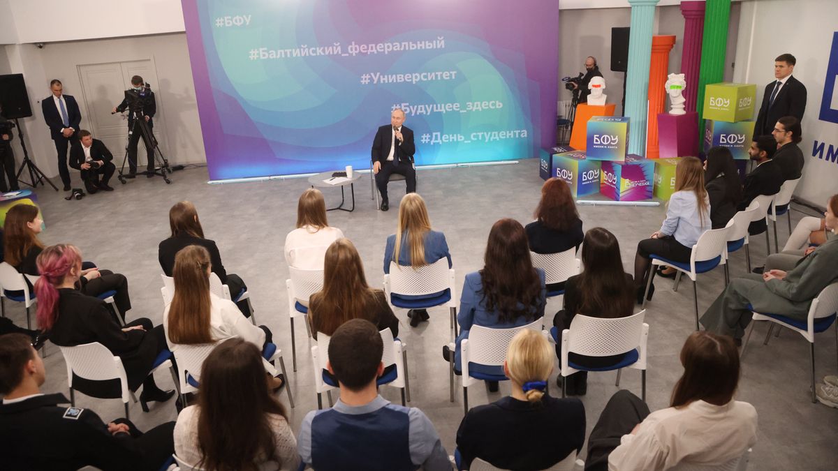 President Putin Meets Students In Kaliningrad
KALININGRAD, RUSSIA - JANUARY 25 (RUSSIA OUT) Russian President Vladimir Putin speaks during his meeting with students of the Immanuel Kant Baltic Federal University on January 25, 2024 in Kaliningrad, Russia. President Putin is having a one-day trip to Kaliningrad region, the westernmost part of Russia, prior to the 2024 Presidential Elections. (Photo by Contributor/Getty Images)
Contributor