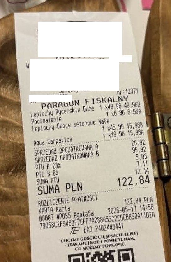 Paragon za pierogi w Gdańsku. 