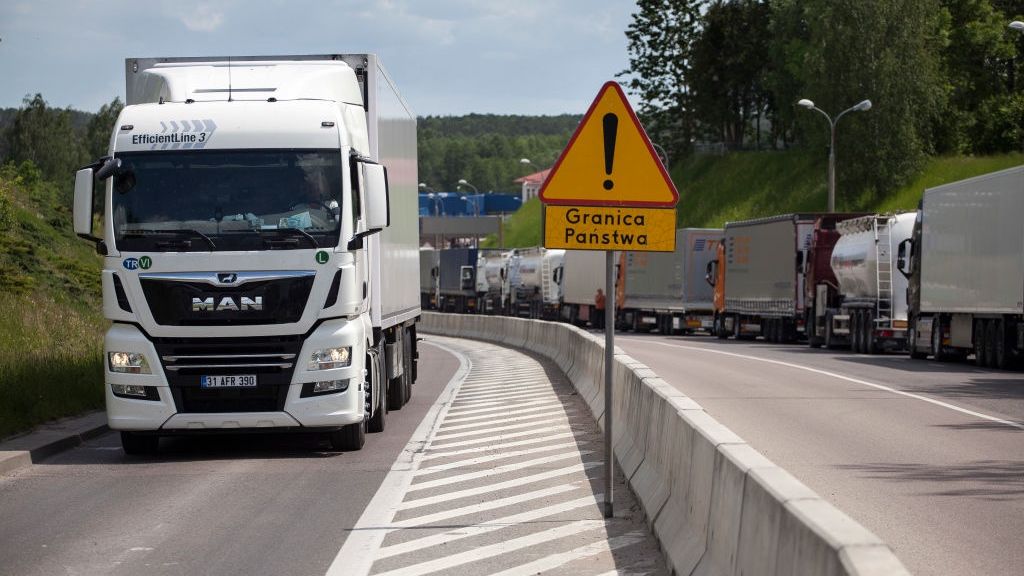 Daily Life In Poland
TIR trucks waits on EU border crossing in Bobrowniki on June 6, 2021. (Photo by Maciej Luczniewski/NurPhoto via Getty Images)
NurPhoto
tir, tirs, trucks, lorry, lorries, transport, trade, international, containers, market, wait, waits, line, in, column, on, border, foreign, clearance, country, eu, ue, european, union