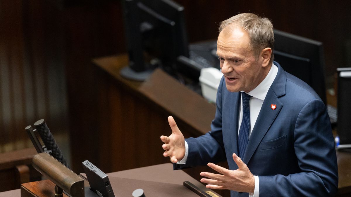 Donald Tusk is participating in the parliamentary debate on the appointment of his government in Warsaw, Poland, on December 12, 2023. (Photo by Foto Olimpik/NurPhoto via Getty Images)