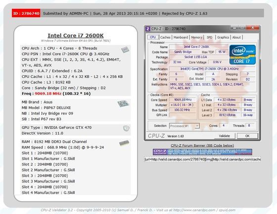 CPU-Z Intel Core i7 2600K 9069 MHz fałszywa walidacja
