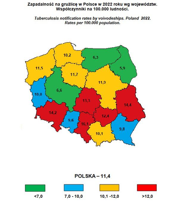  Zapadalność na gruźlicę w Polsce w 2022 r. 