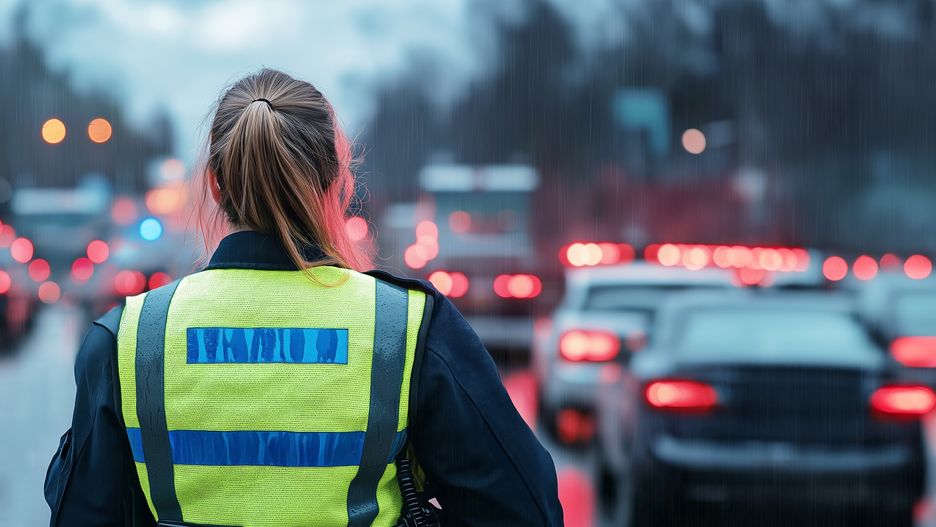 traffic police, woman, reflective vest, selected focus, copy space, road safety, evening, police officer, directing traffic, cars, headlights, law enforcement, back view, patrol, road, protection, public safety, traffic control, highway, police presence, urban, safety measures