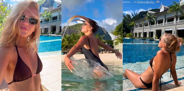 Agnieszka Kaczorowska wyłania się z fal NICZYM SYRENKA i smaży się w skąpym bikini z córkami na Mauritiusie: "Mama może się opalać" (ZDJĘCIA)