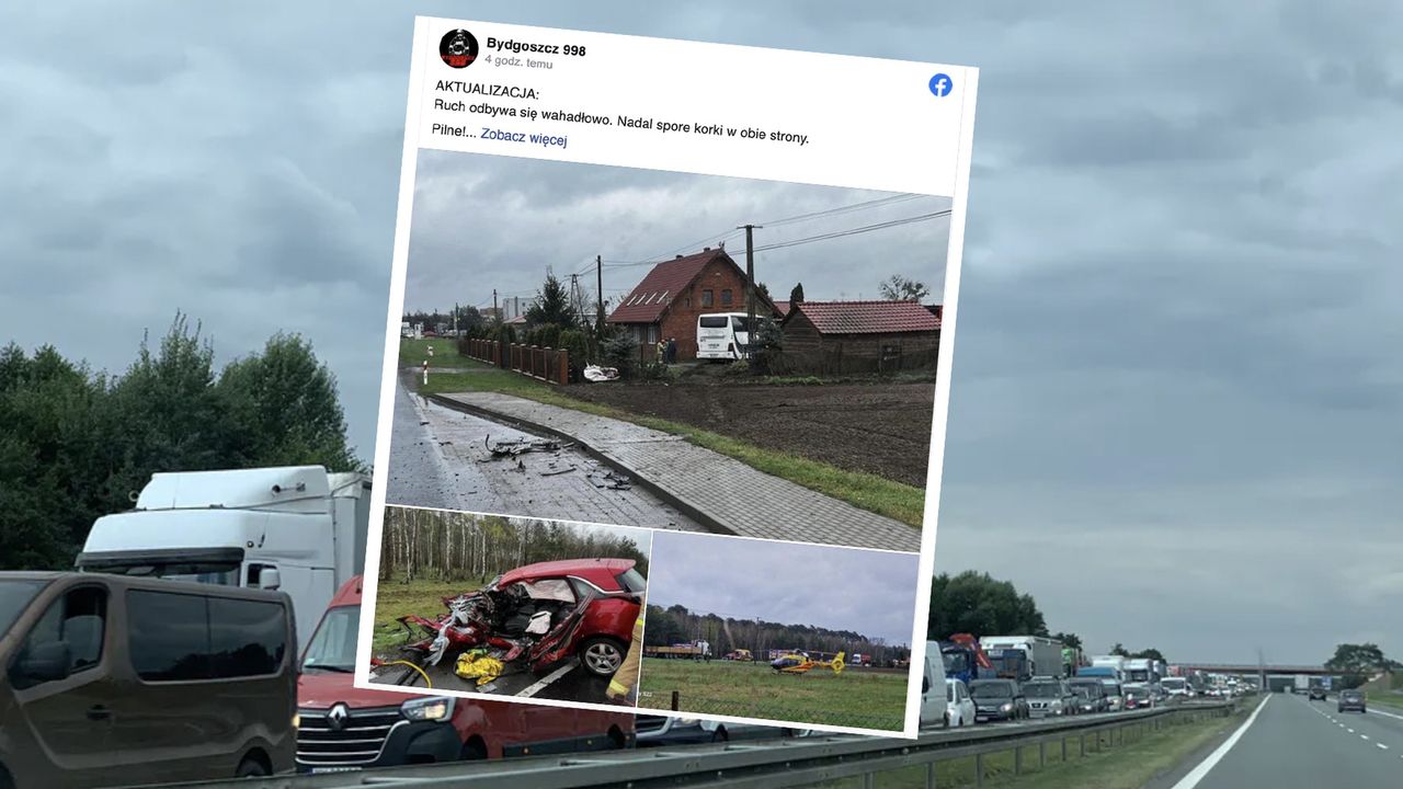 Autobus zderzył się z autem i wjechał w dom. Droga była zablokowana