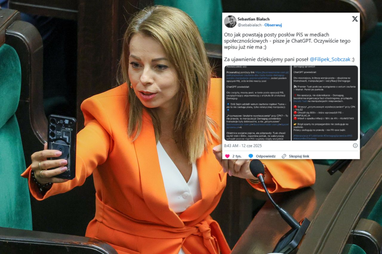 Wpis posłanki napisany przez ChatGPT. Omyłkowo pokazała komendy