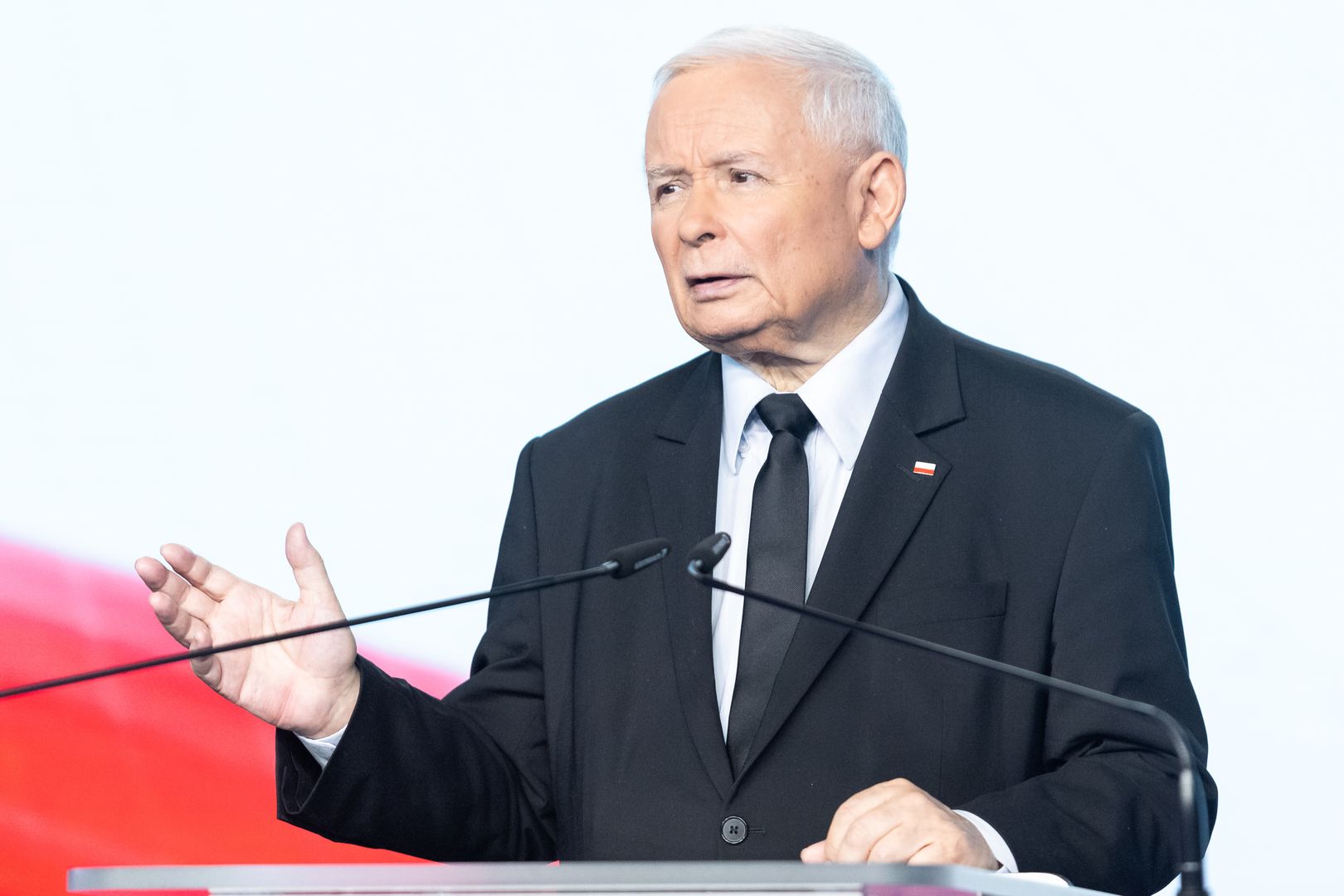 Jaroslaw Kaczynski, the leader of the right-wing Law and Justice (PiS) party, is speaking during a press conference in Warsaw, Poland, on September 05, 2024 (Photo by Foto Olimpik/NurPhoto via Getty Images)
