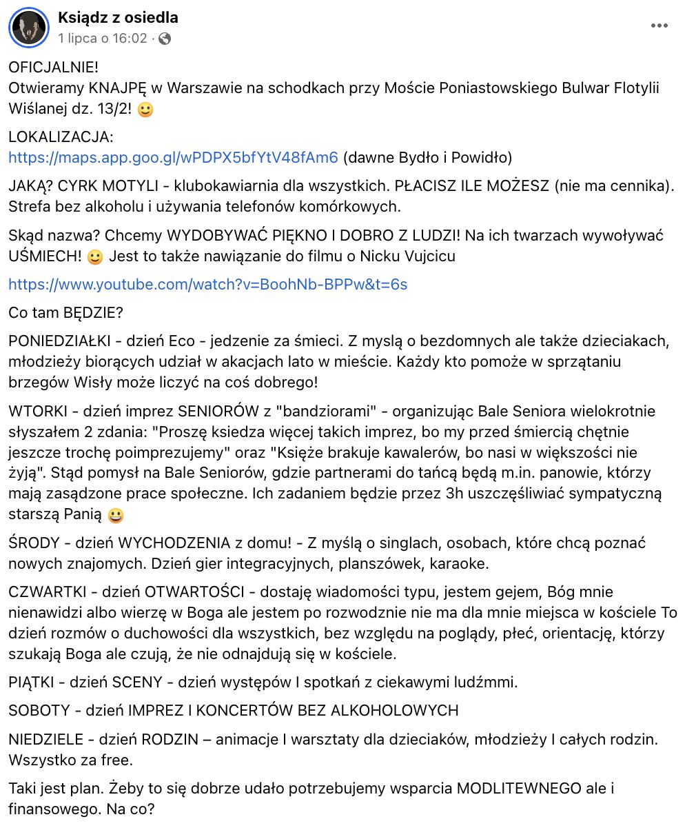 "Ksiądz z osiedla" otwiera klubokawiarnię