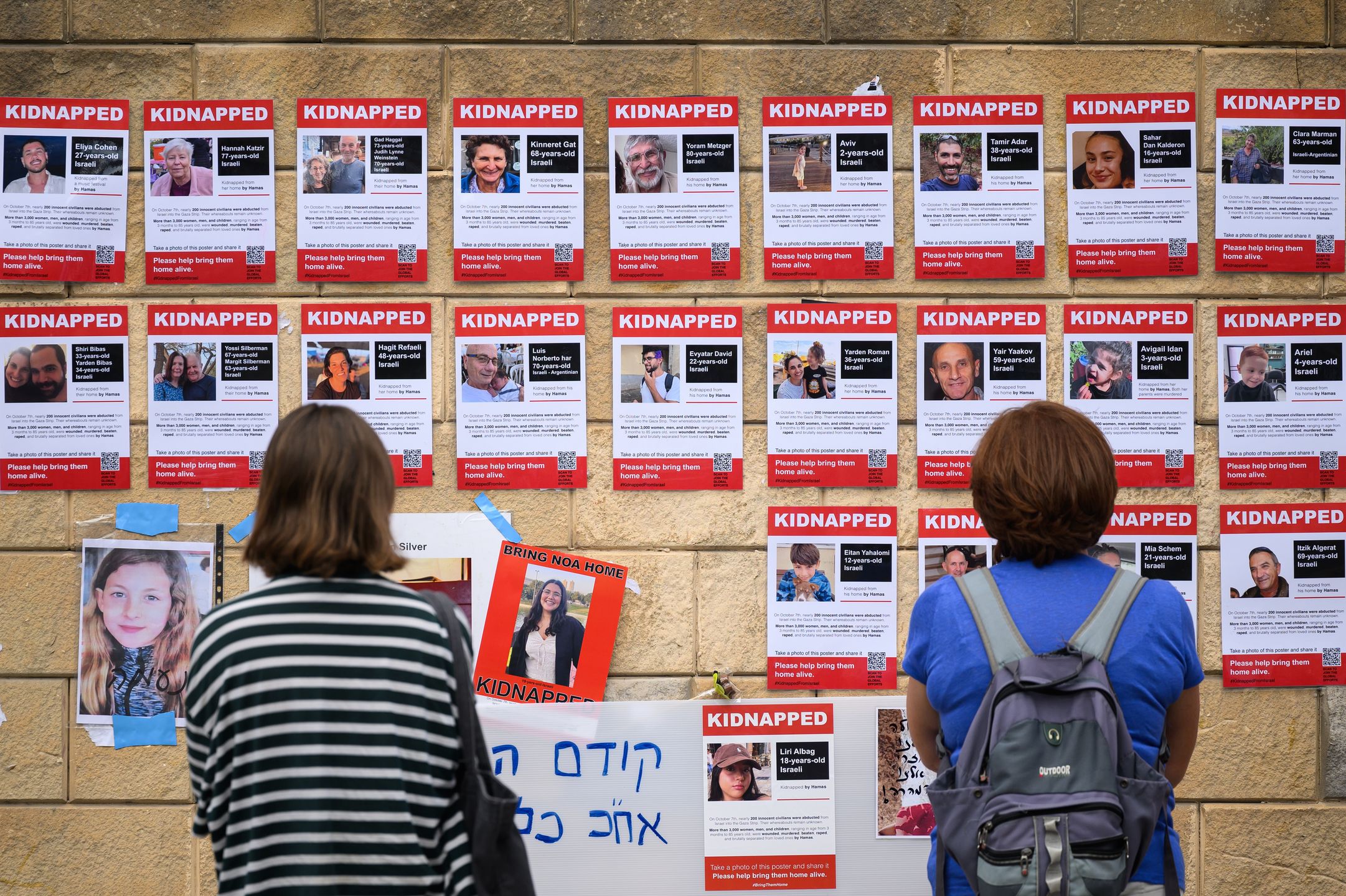 Israel Poised To Invade Gaza As Worries Of Regional Escalation GrowTEL AVIV, ISRAEL - OCTOBER 18: Photographs of some of those taken hostage by Hamas during their recent attacks are seen on October 18, 2023 in Tel Aviv, Israel. As Israel prepares to invade the Gaza Strip in its campaign to vanquish Hamas, the Palestinian militant group that launched a deadly attack in southern Israel on October 7th, worries are growing of a wider war with multiple fronts, including at the country's northern border with Lebanon. Countries have scrambled to evacuate their citizens from Israel, and Israel has begun relocating residents some communities on its northern border. Meanwhile, hundreds of thousands of residents of northern Gaza have fled to the southern part of the territory, following Israel's vow to launch a ground invasion. (Photo by Leon Neal/Getty Images)Leon Nealbestof, topix