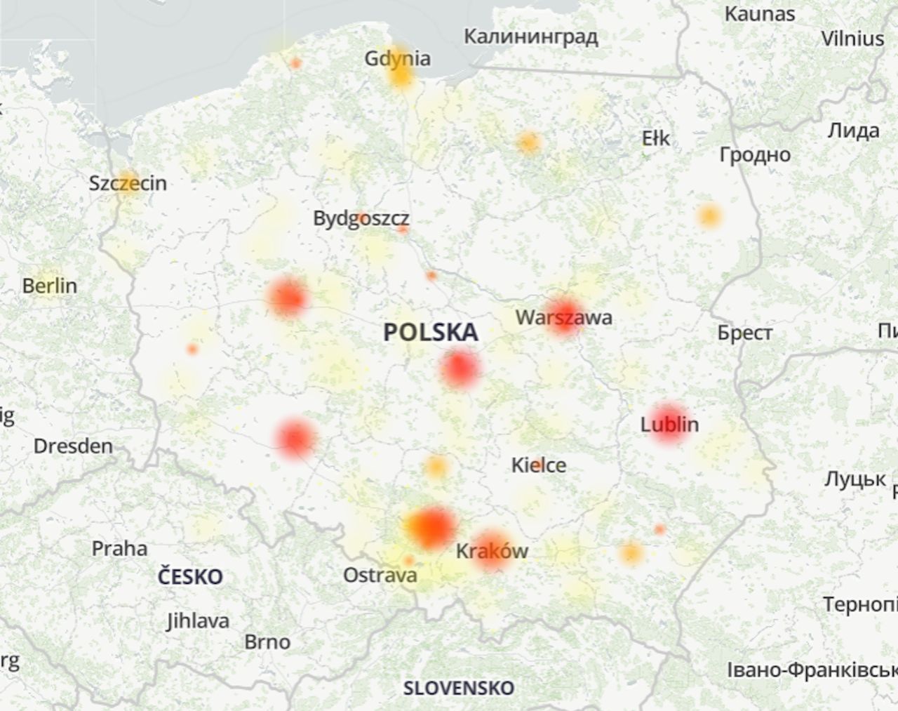 Geograficzne rozmieszczenie zgłoszeń dotyczących awarii Facebooka