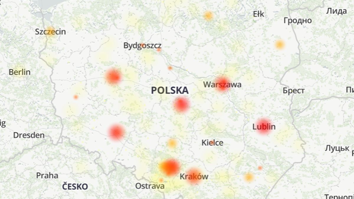 Geograficzne rozmieszczenie zgłoszeń dotyczących awarii Facebooka