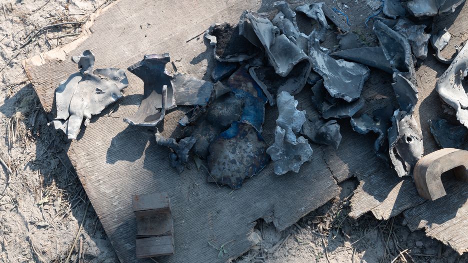 KYIV, UKRAINE - AUGUST 18: A view of parts of missile following Russian forces attacked Kyiv with 2 ballistic missiles KN-23 in outside of Kyiv, Ukraine on August 18, 2024. (Photo by Danylo Antoniuk/Anadolu via Getty Images)