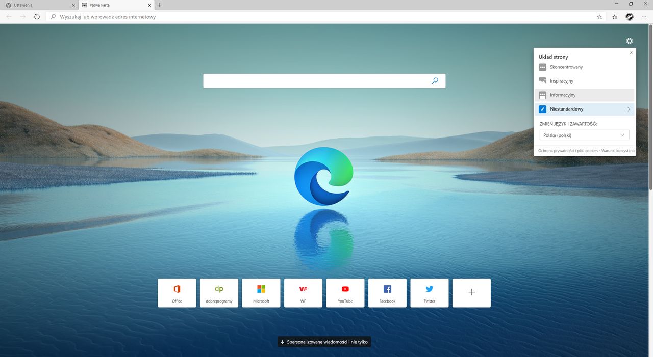 Strona startowa w nowym Edge'u i jej opcje.
