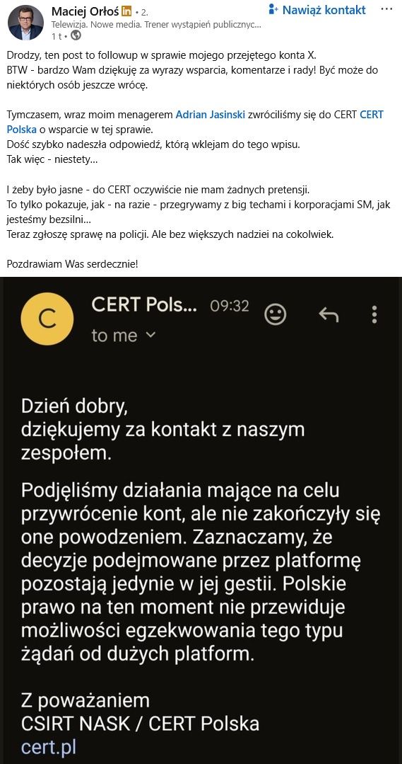 Wpis Macieja Orłosia na LinkedIn