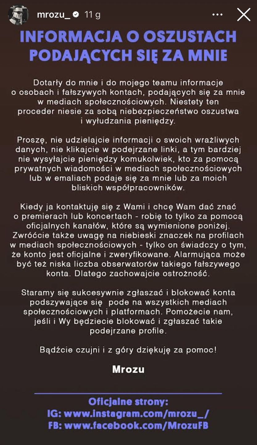 Oświadczenie Mroza na Instagramie