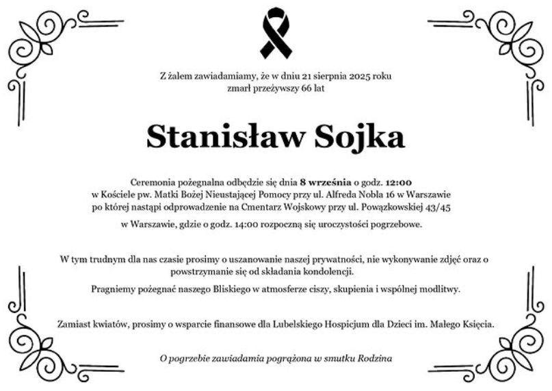 Rodzina Stanisława Soyki poinformowała o pogrzebie