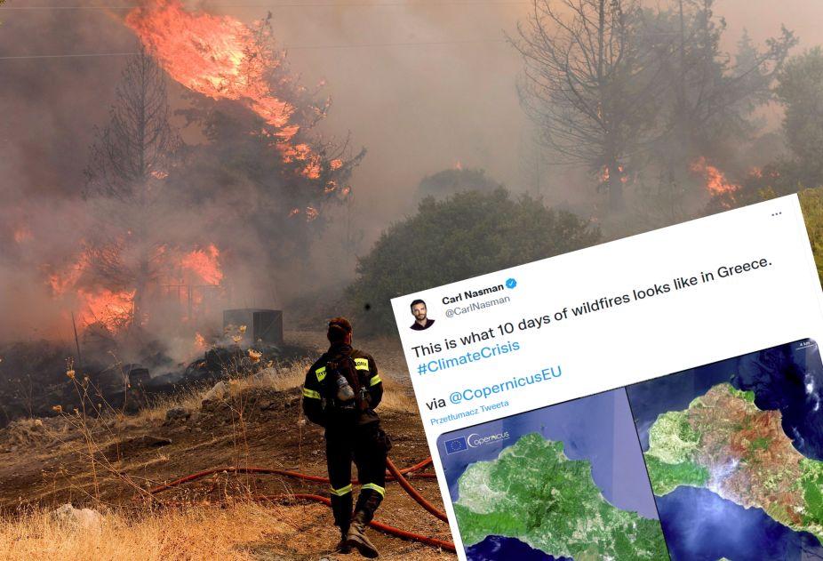 Grecja. Skutki pożarów widoczne na zdjęciu satelitarnym. Żywioł strawił ogromny obszar
