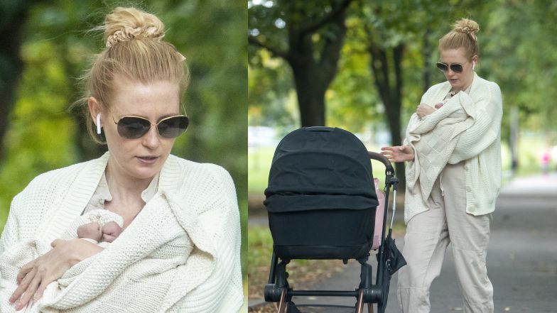 Paulina Chapko na spacerze z synem