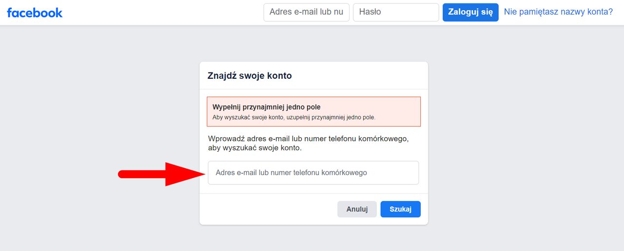 Znajdź swoje konto - metod odzyskiwania konta na Facebooku