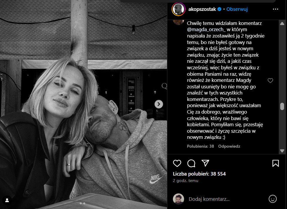 Komentarze pod postem Akopa Szostaka o nowej partnerce