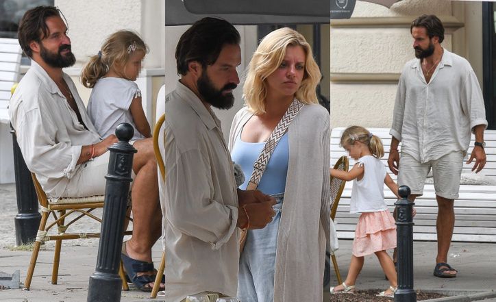 Piotr Stramowski z partnerką i córką w restauracji