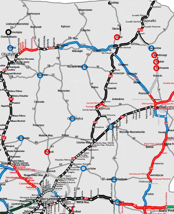 Na mapie m.in. Via Baltica, czyli drogi S8 i S61 wiodące od