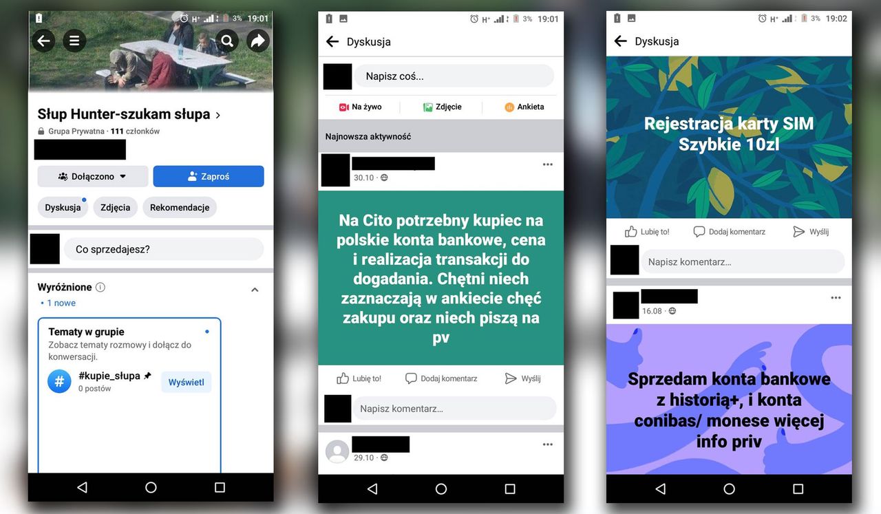 Na Facebooku funkcjonują specjalne grupy, na których można zakupić różne usługi brane na tzw. "słupa"