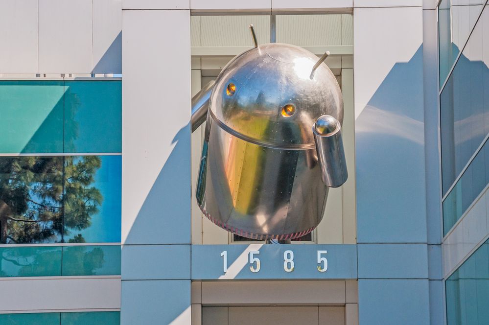 Large-sized Android icon at the top of a Google's Corporate headquarters