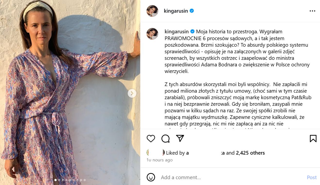 Wpis Kingi Rusin na Instagramie