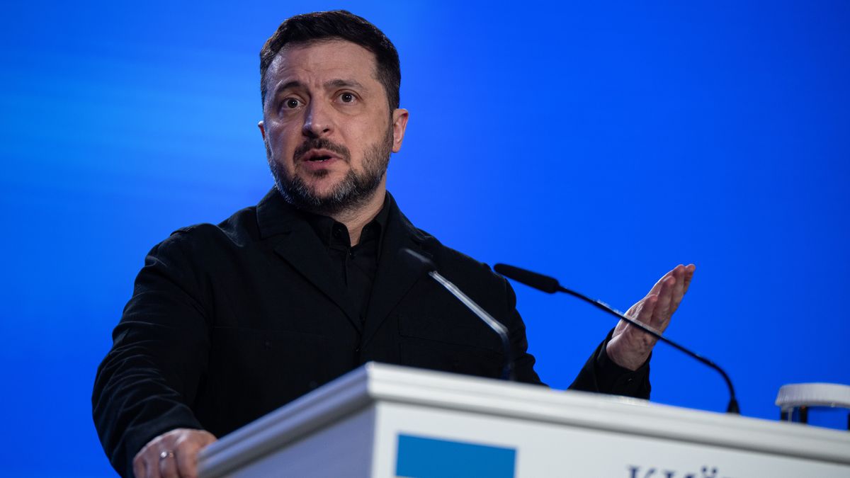President of Ukraine Volodymyr Zelenskyy participates in a joint news conference with President of the European Commission Ursula von der Leyen and President of the European Council Antonio Costa in Kyiv, Ukraine, on February 24, 2026, on the fourth anniversary of Russia's full-scale invasion of Ukraine. (Photo by Danylo Antoniuk/Ukrinform/NurPhoto via Getty Images) NO USE RUSSIA. NO USE BELARUS.