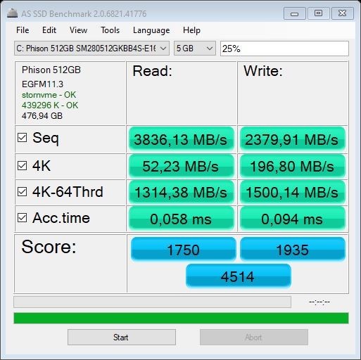 MSI Prestige 14 Evo - test AS SSD niska zajętość