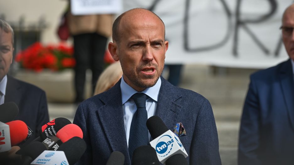 Borys Budka, Silesian MP and deputy chairman of the Civic Platform , during a press conference in front of the Marshal's Office of the Slaskie Voivodeship in Katowice.
On Monday, September 12, 2022, in Katowice, Silesian Voivodeship, Poland. (Photo by Artur Widak/NurPhoto via Getty Images)