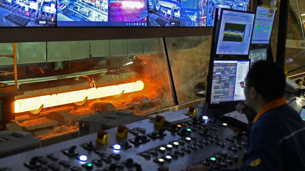 YANTAI, CHINA - JANUARY 27: An employee works in front of monitors at a seamless steel pipe manufacturing enterprise on January 27, 2026 in Yantai, Shandong Province of China. (Photo by Sun Wentan/VCG via Getty Images)