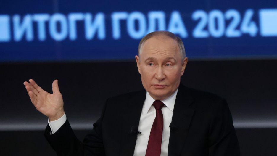 MOSCOW, RUSSIA - DECEMBER 19: (RUSSIA OUT) Russian President Vladimir Putin speaks during his annual call-in-show and press conference at the Gostiny Dvor hall on December 19, 2024, in Moscow, Russia. Putin answered questions from journalists and people from Russian regions during the four and half hour long annual event. (Photo by Contributor/Getty Images)