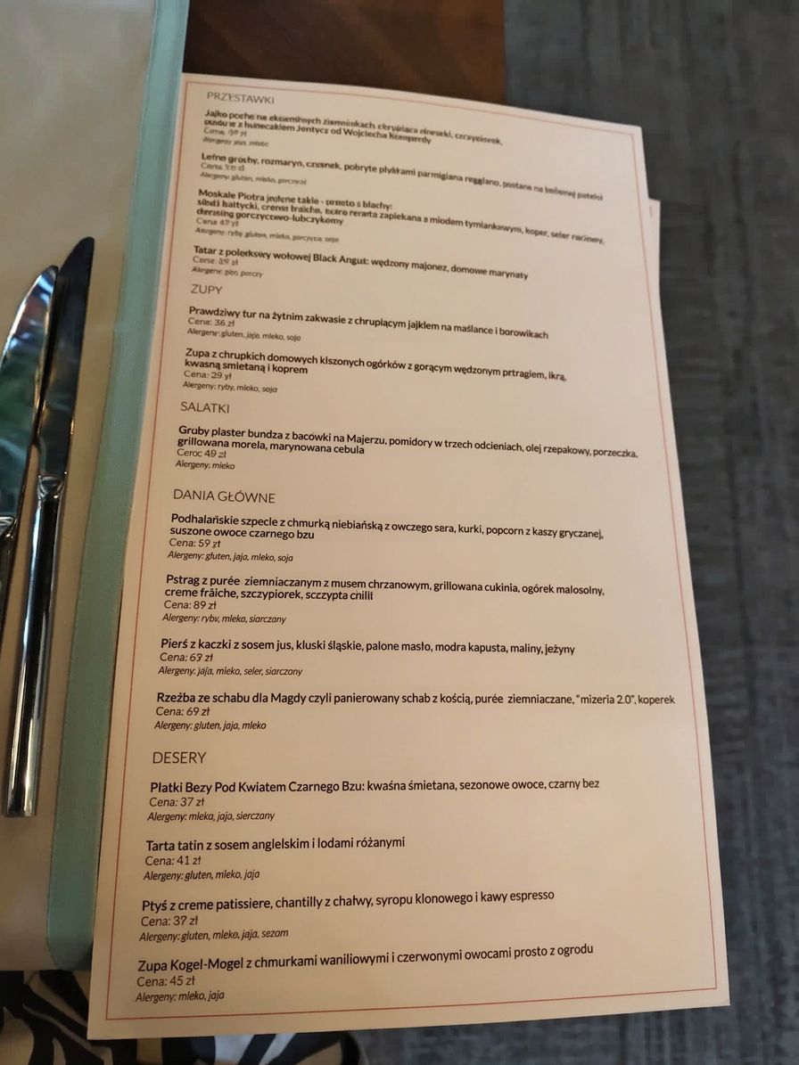 Menu restauracji "Natura"