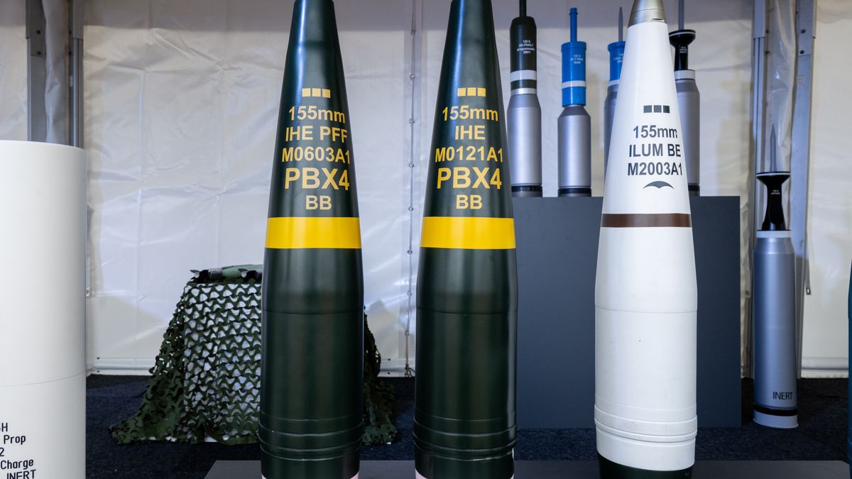 UNTERLUESS, GERMANY - FEBRUARY 12:  Artillery ammunition showed in a weapons exhibition before the groundbreaking ceremony for a new munitions factory of German defence contractor Rheinmetall on February 12, 2024 in Unterluess, Germany. The war in Ukraine has been a boon to Rheinmetall as Germany seeks to provide Ukraine with munitions, including artillery shells, and also increase its own supply. (Photo by David Hecker/Getty Images)