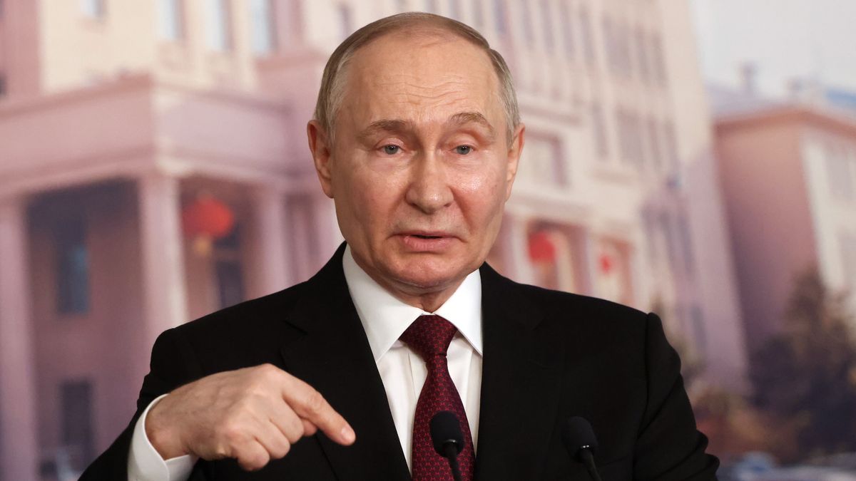 HARBIN, CHINA - MAY 17: (RUSSIA OUT) Russian President Vladimir Putin gestures during his press conference at the Harbin Institute of Technology, May 17, 2024, in Harbin, China. Russian President Putin is having a two-day visit to China. (Photo by Contributor/Getty Images)