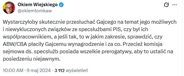 Tweet Wiejskiego o Gajcy
