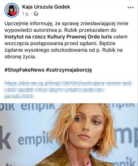 Post Kai Godek na Facebooku