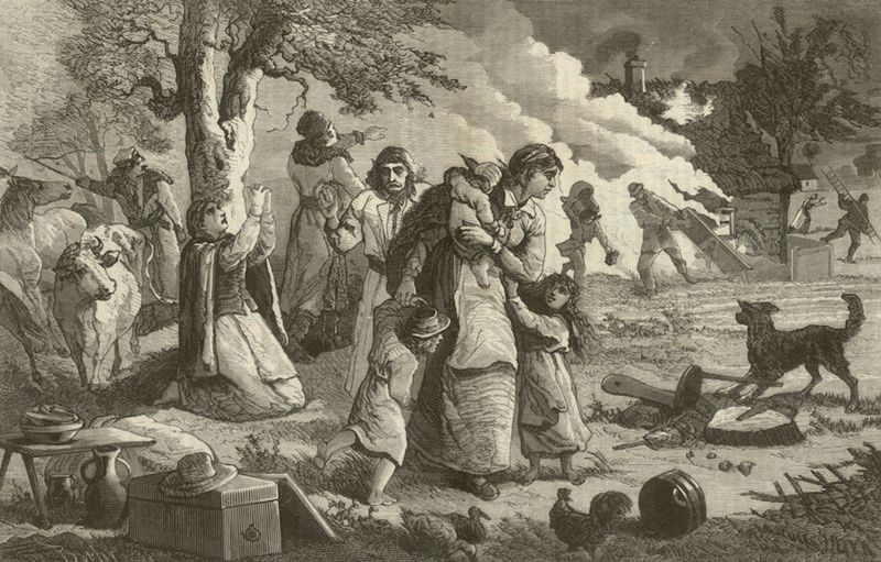 Pożar we wsi. Rysunek z drugiej połowy XIX wieku