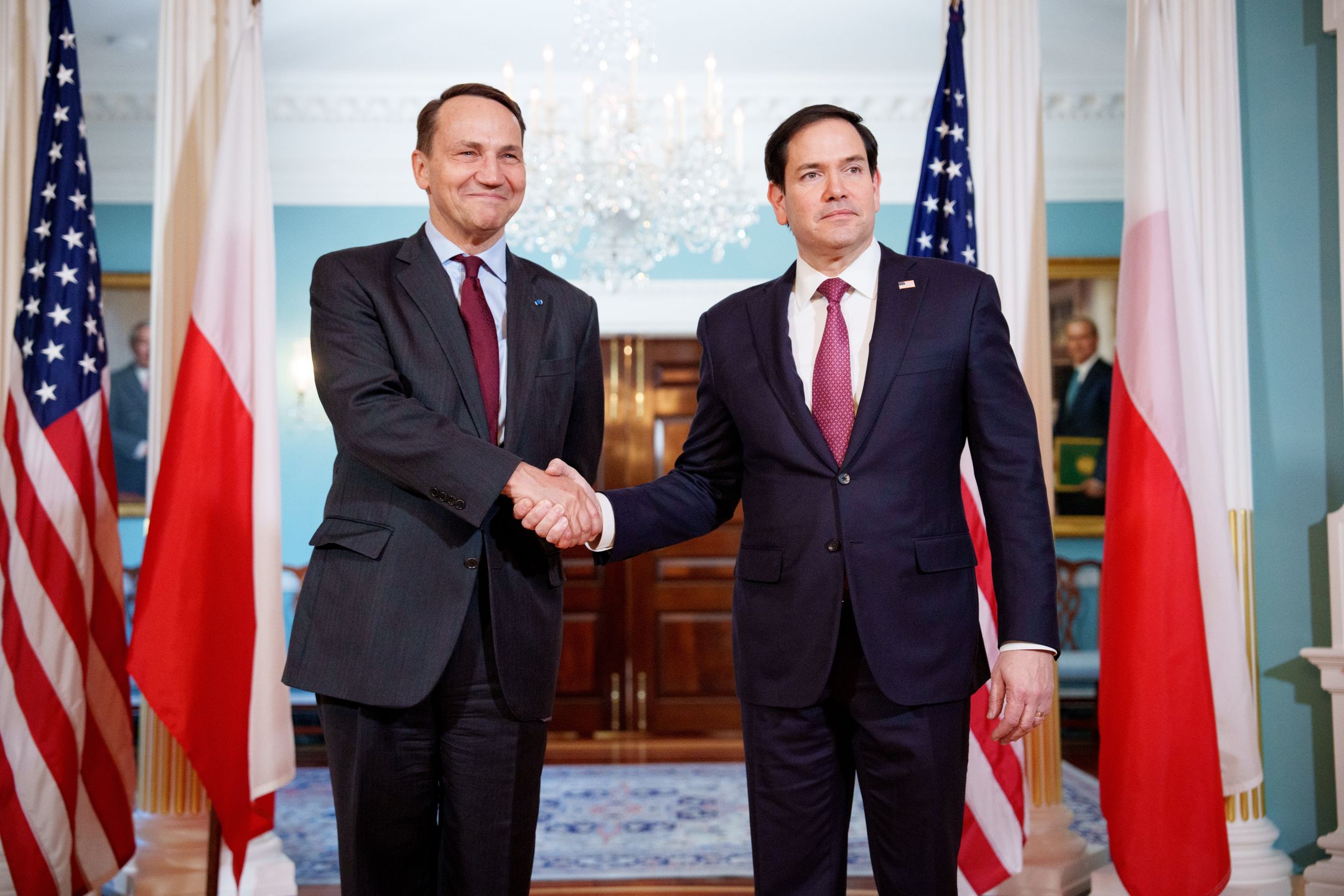 WASHINGTON, DC - FEBRUARY 21: U.S. Secretary of State Marco Rubio (R) greets Polish foreign minister Radoslaw Sikorski at the State Department on February 21, 2025 in Washington, DC. Sikorski is in the U.S. to attend meetings on the war in Ukraine. (Photo by Andrew Harnik/Getty Images)