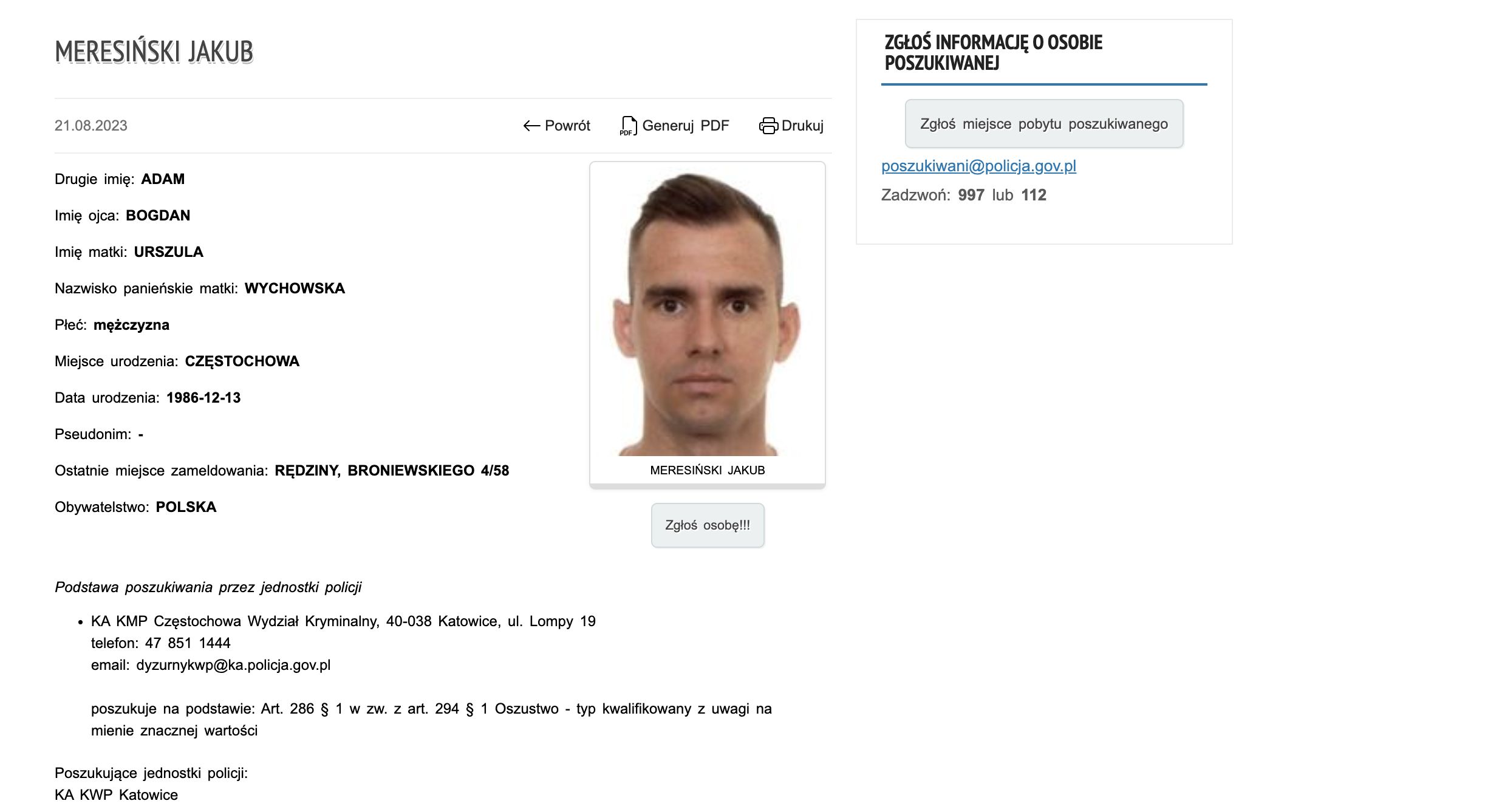 Jakub Meresiński poszukiwany przez policję/baza poszukiwanych