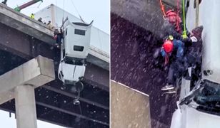 Zawisł ciężarówką na wiadukcie. Dramatyczne nagranie z USA