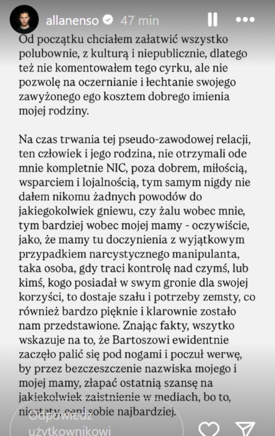 Allan Krupa opublikował oświadczenie 